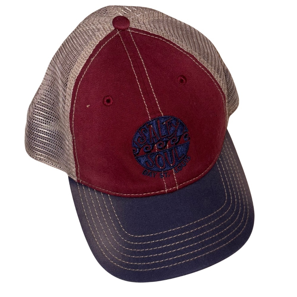 Salty Soul Bay St Louis Trucker Hat Cap Maroon Blue Mesh Snapback DPC Authentic